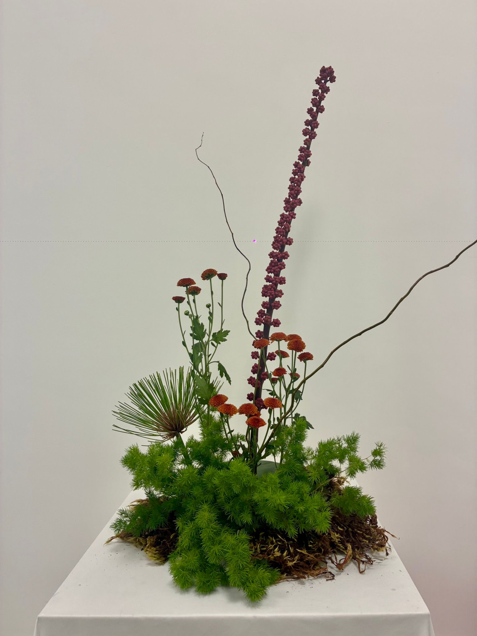 Ikebana with red plumes and chrysanthemums